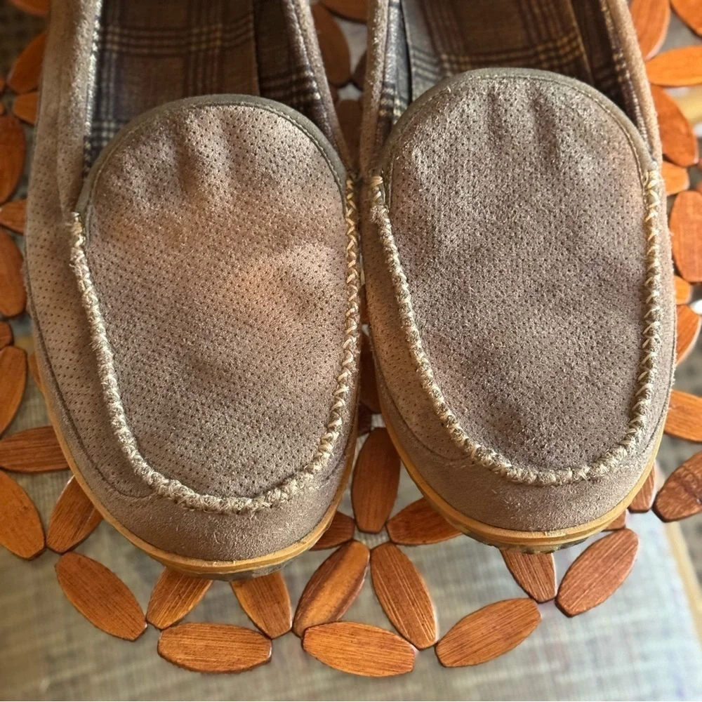 L.L. BEAN  Perforated Brown Suede Flannel Lined Camo Sole Mountain Slippers 14M